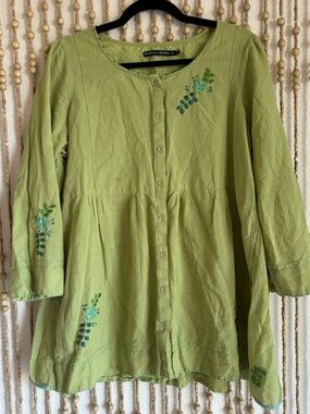 Gundrun Sjoden Linen Green Embroidered Floral Peasant Boho Long Sleeve Blouse M
